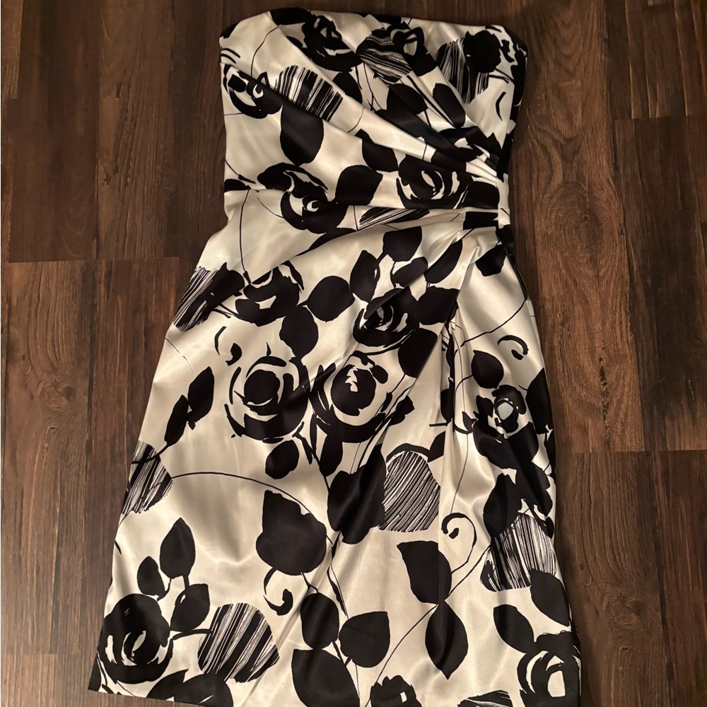 strapless white dress with black flowers